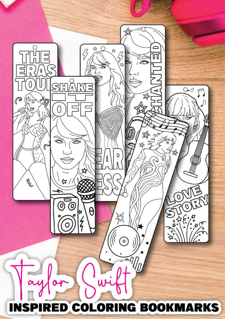 Mock up of swiftie inspired coloring bookmarks free to print
