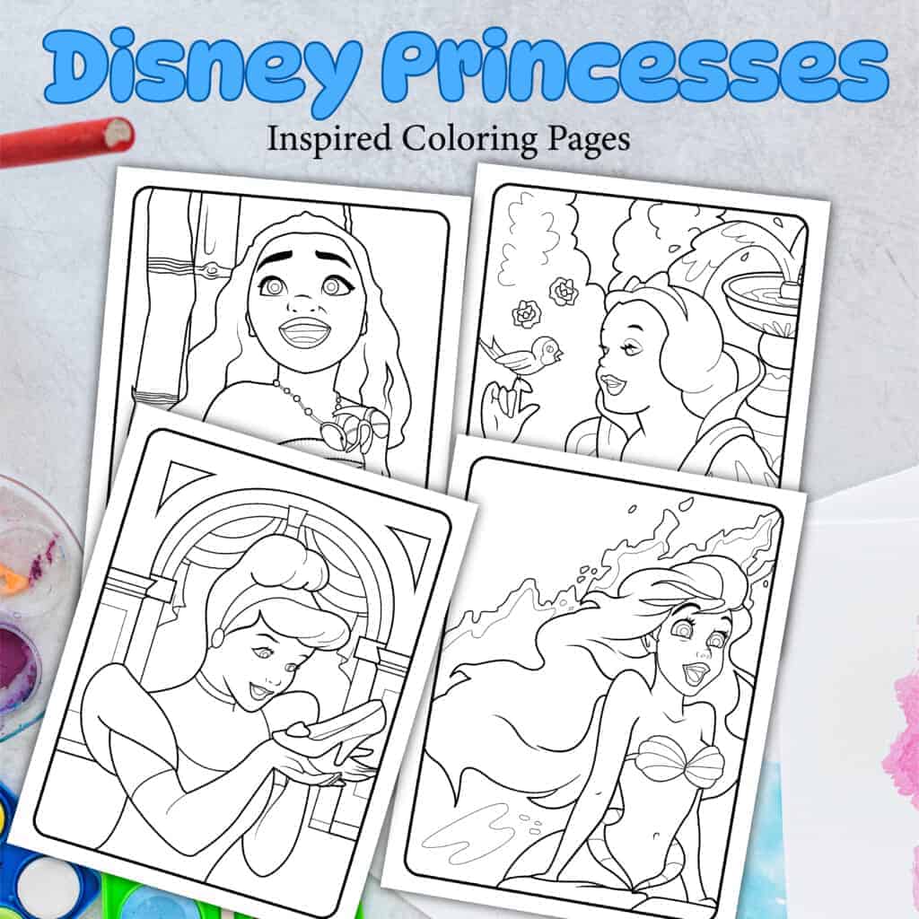 Disney princesses inspired coloring pages flat lay