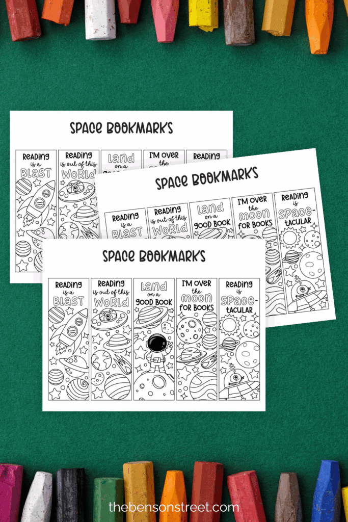 Outer Space, Alien, Planet themed coloring bookmarks free to print