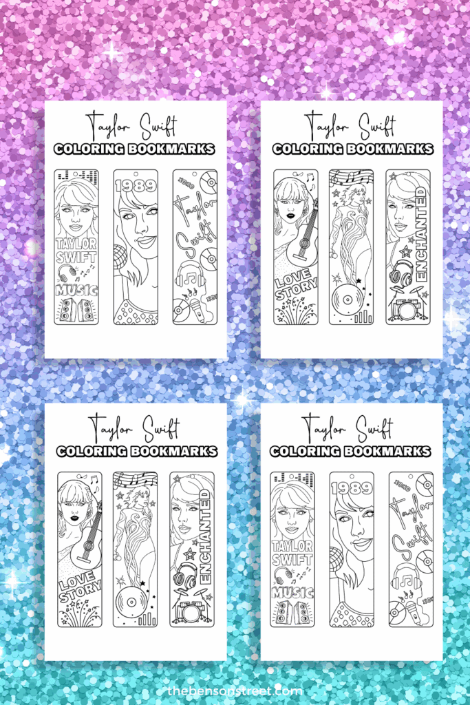 Pages of free printable taylor swift coloring bookmarks in nine different designs