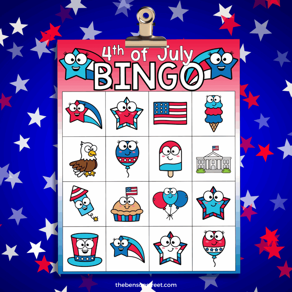 Patriotic 4th of July Bingo Card on a clipboard