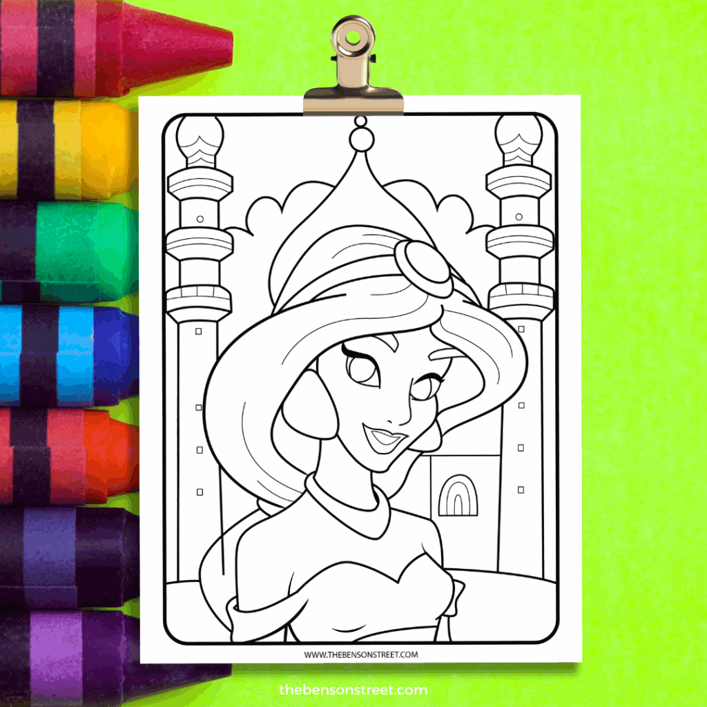 Princess Jasmine Coloring Page on a clipboard with crayons around it