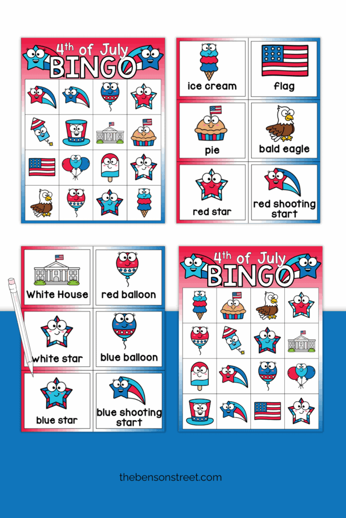 Printable pages of a bingo game with a fourth of july theme