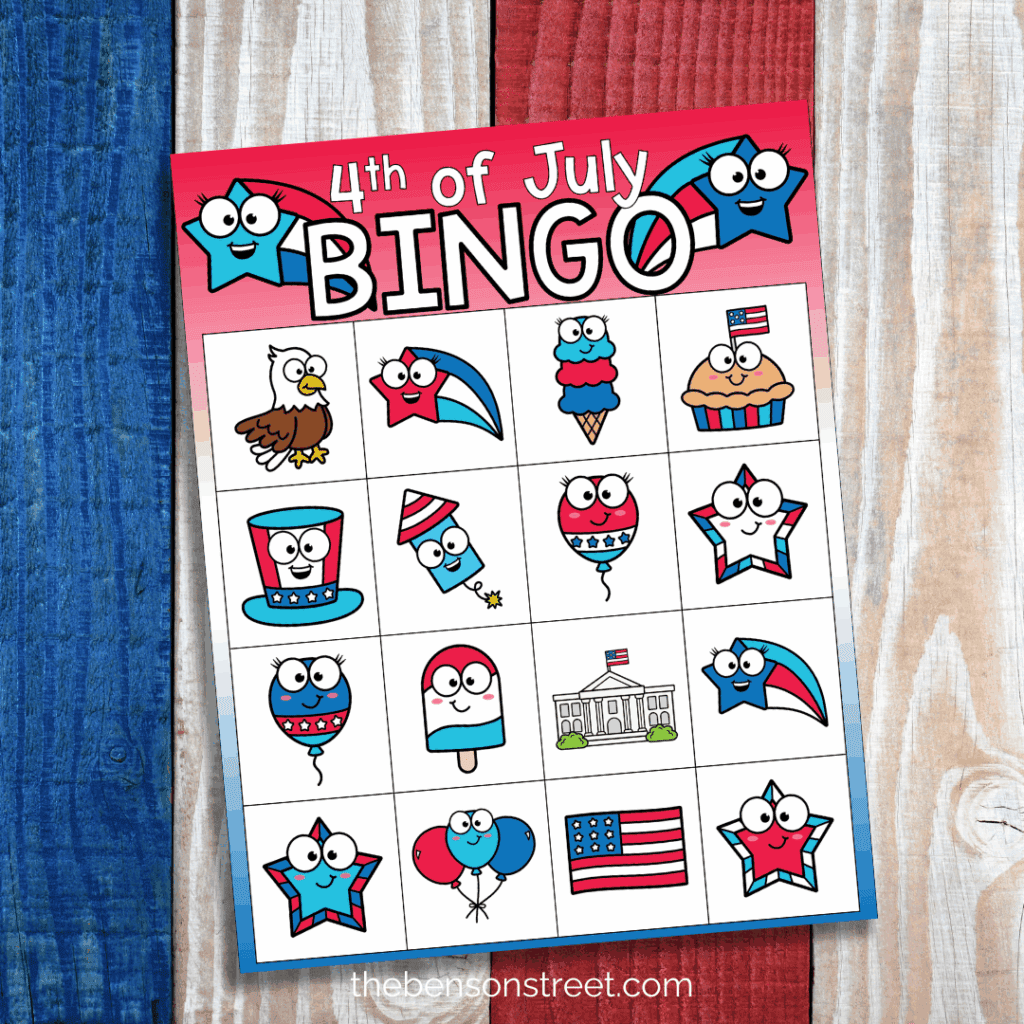 Red white and blue bingo cards for kids