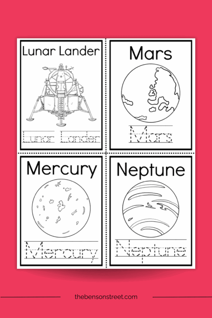Sheet with planets and other space things to make a mini book about planets and space