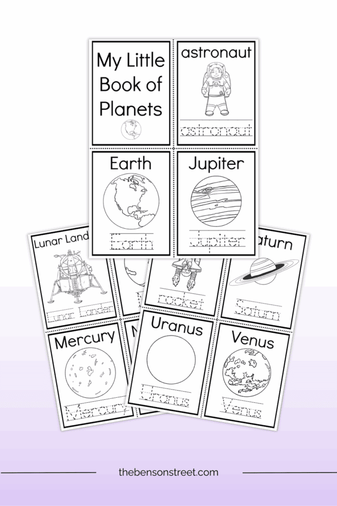 Sheets with black and white pages to color in and make a planets book for kids