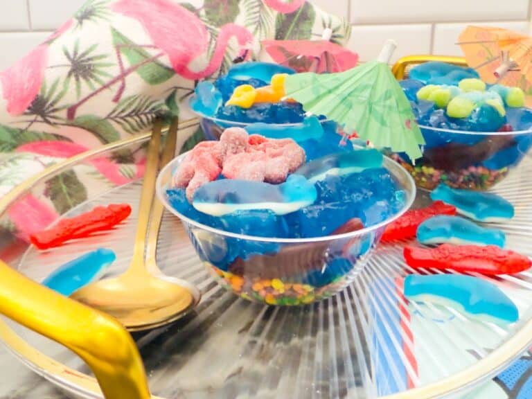 Side view of jello cups with swedish fish and sharks