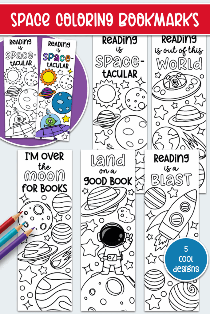 Flat lay of space coloring bookmarks