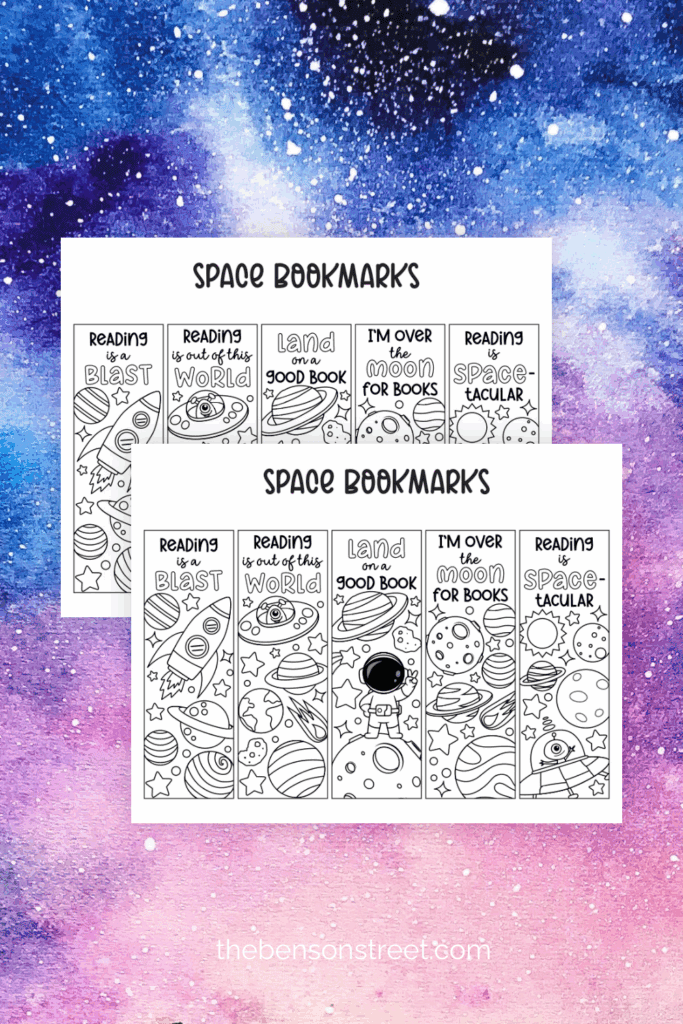 Space Bookmarks to print and color on a universe background