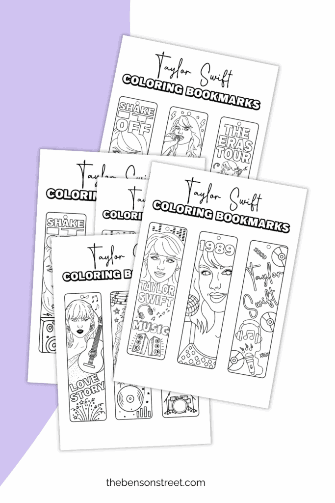 Taylor Swift Coloring Bookmarks free printable sheets laying in a stack