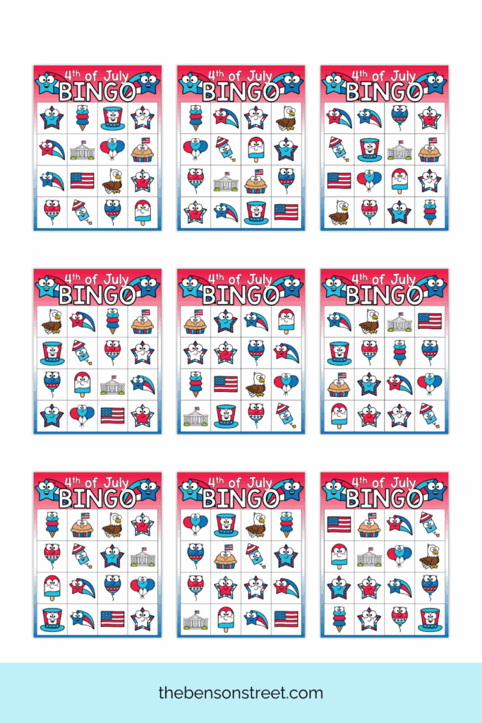 Ten different bingo cards to play a game on 4th of July
