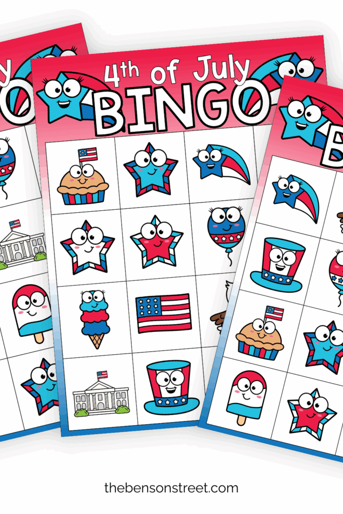 Three 4th of July Bingo Cards fanned out in a stack