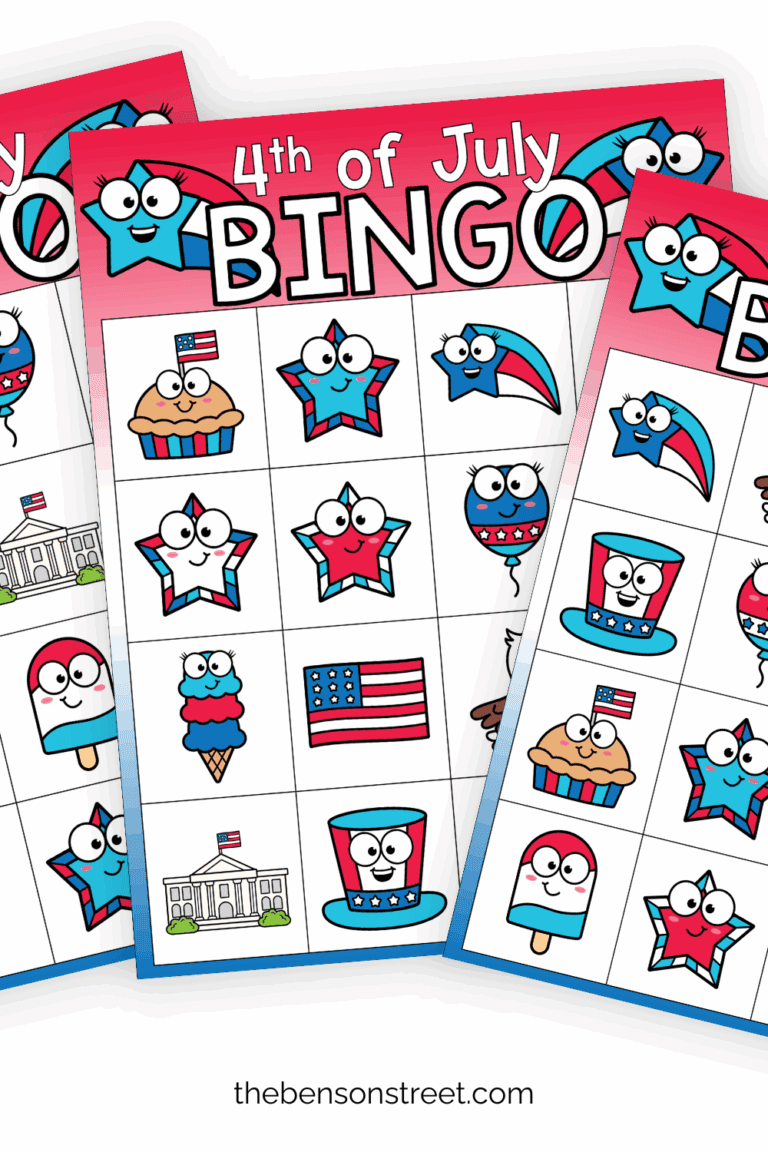 Three 4th of July Bingo Cards fanned out in a stack