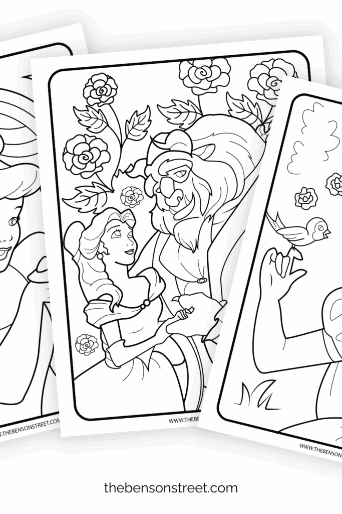 Three black and white princess coloring pages printed off and fanned out