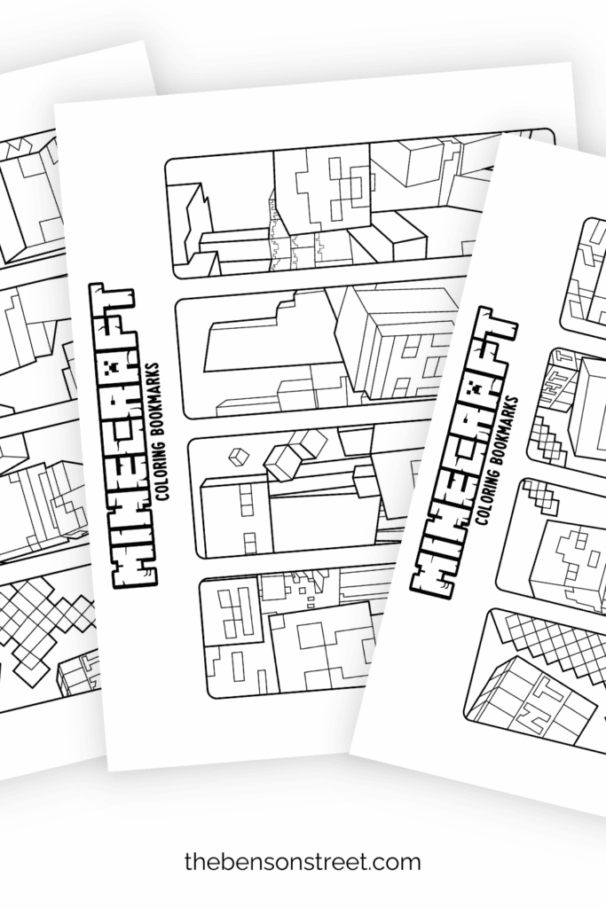 Three black and white sheets of minecraft bookmarks ready to color in