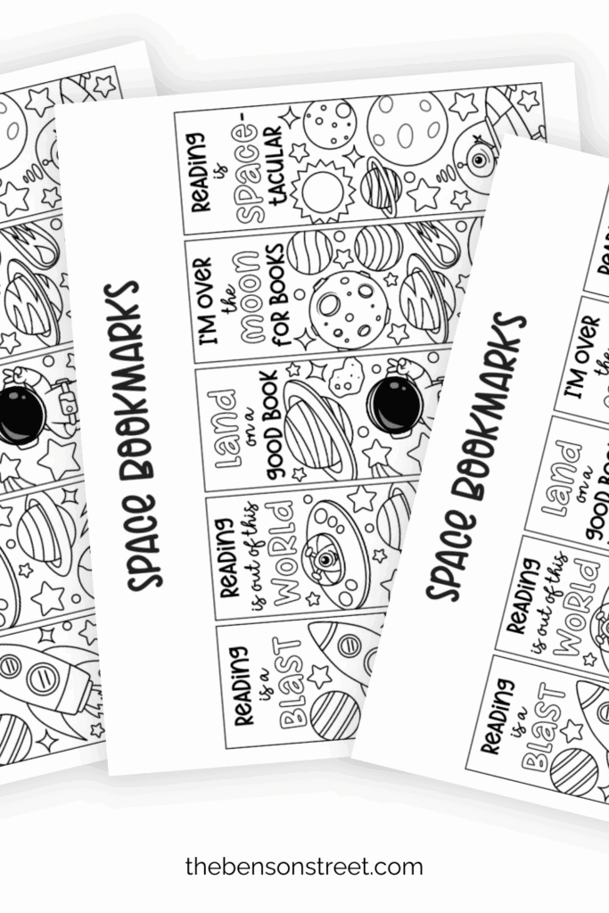Three pages of space bookmarks to color fanned out
