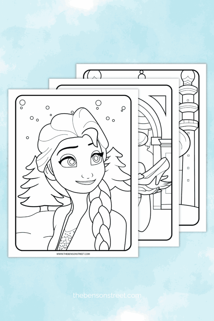 Three pages with princesses to color in laying in a stack