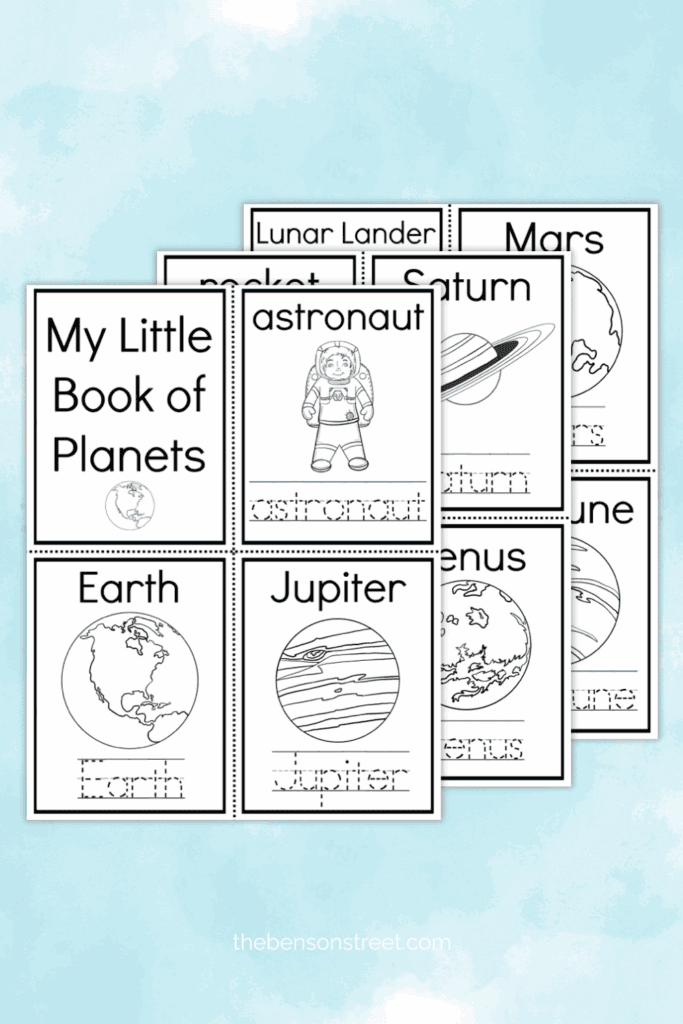 Three printed out sheets to color in, cut out and make a book about planets