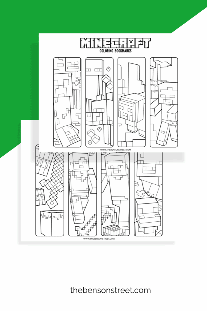 Two coloring sheets of bookmarks featuring characters from Minecraft to make your own bookmarks