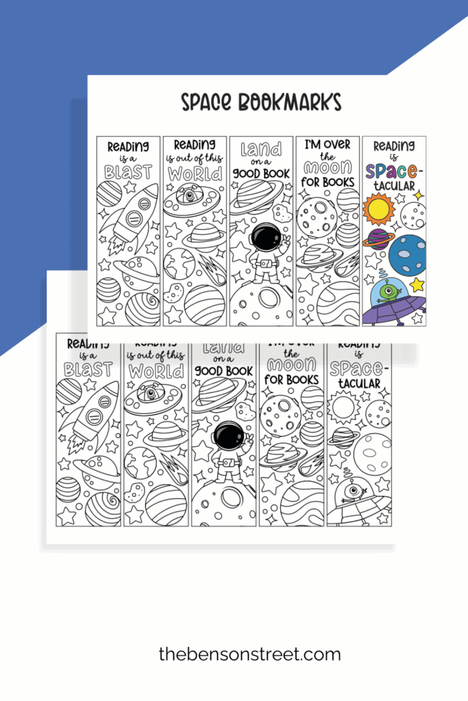 Two pages of coloring bookmarks themed with outer space and one bookmark colored in