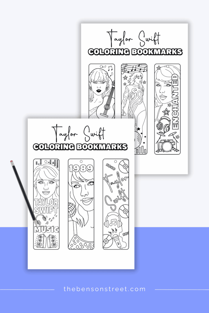 Two sheets of a taylor swift themed bookmarks to color