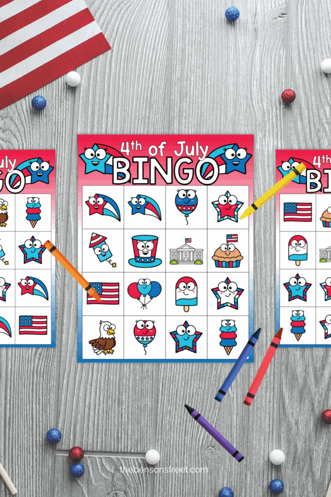 free patriotic bingo game printable cards with crayons around to mark off called items