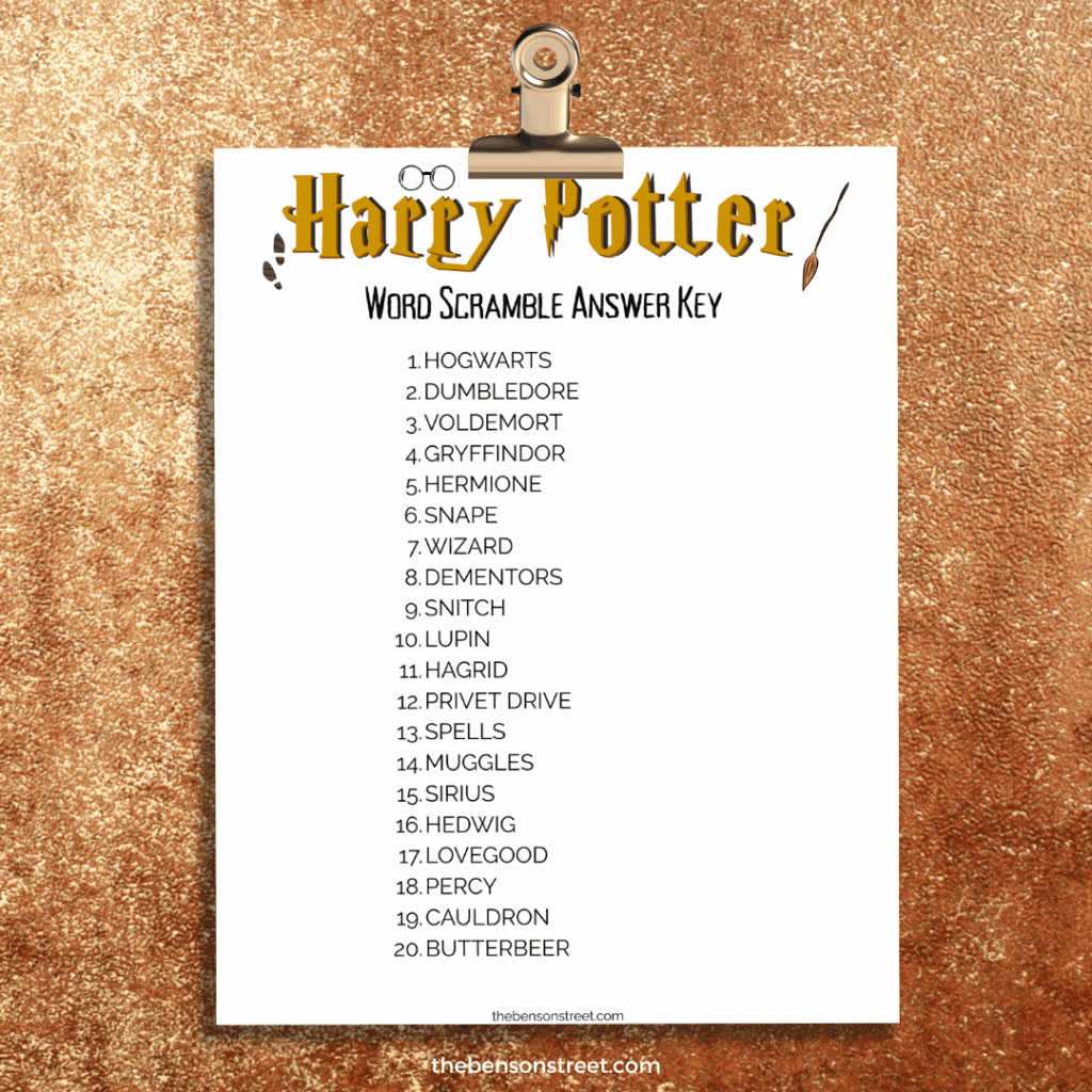 Clipboard with Harry Potter Word Scramble Answer Key sheet