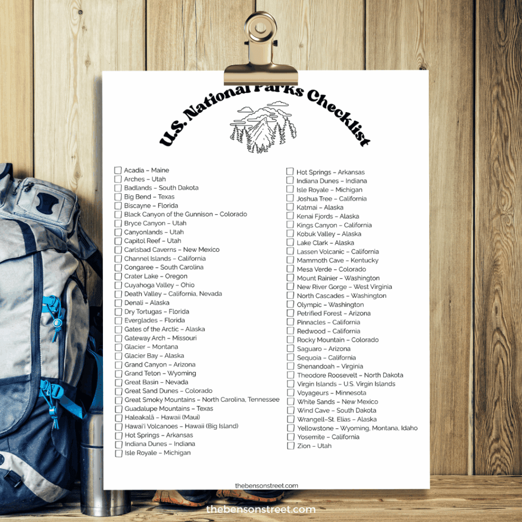 Clipboard with a list of all the U.S. National Parks Checklist to use as a bucket list