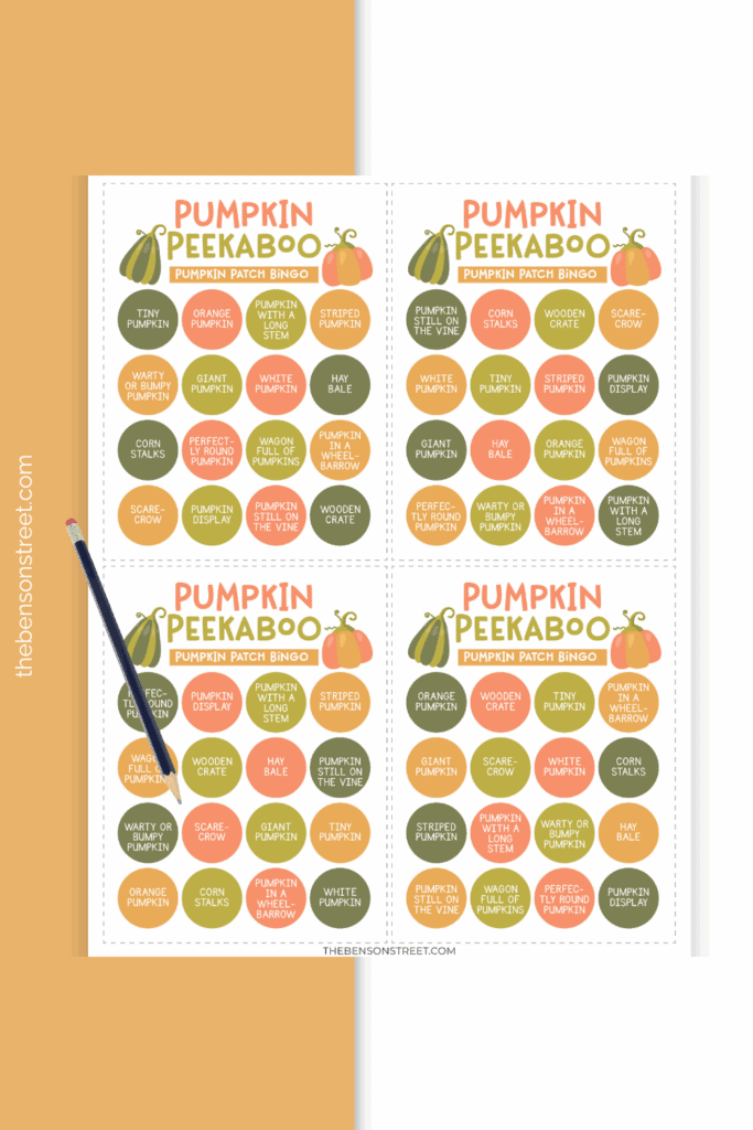 Four cards to take with you to the pumpkin patch for fall bingo fun