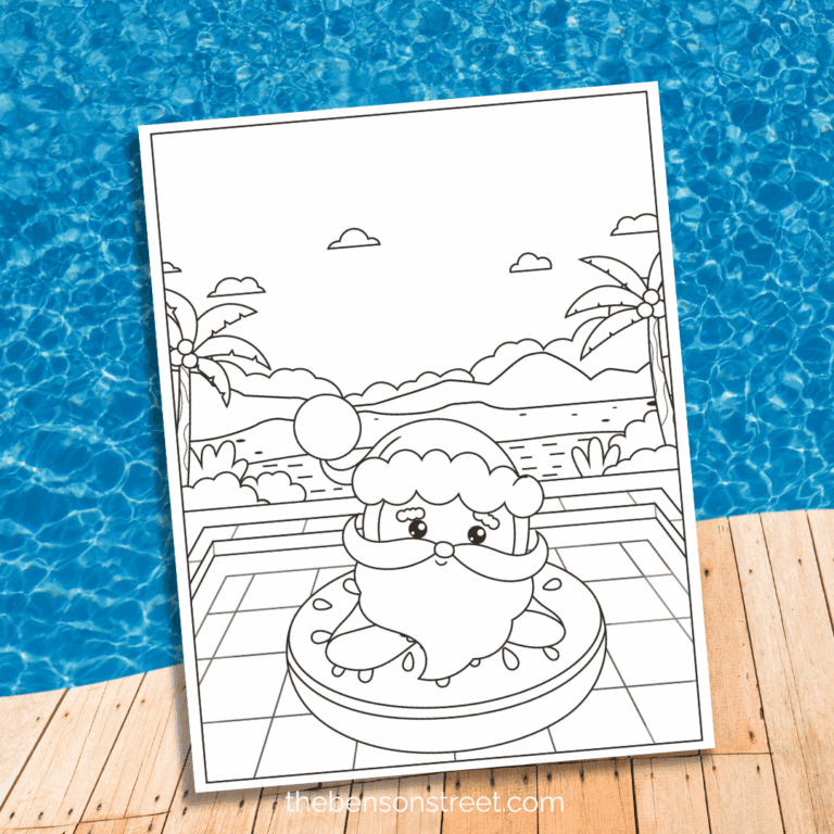 Free Printable Santa at the pool coloring page