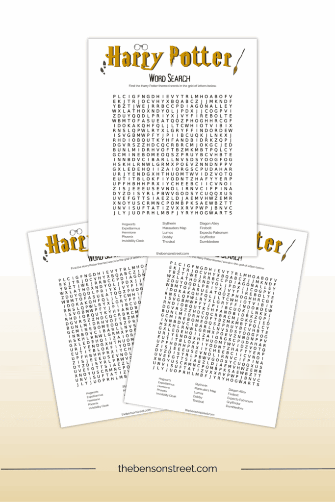 Free printable harry potter word search puzzle with three copies on top of each other
