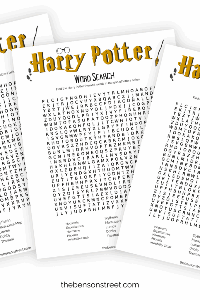 Free to print Harry Potter Word search Game three copies in a fanned out stack