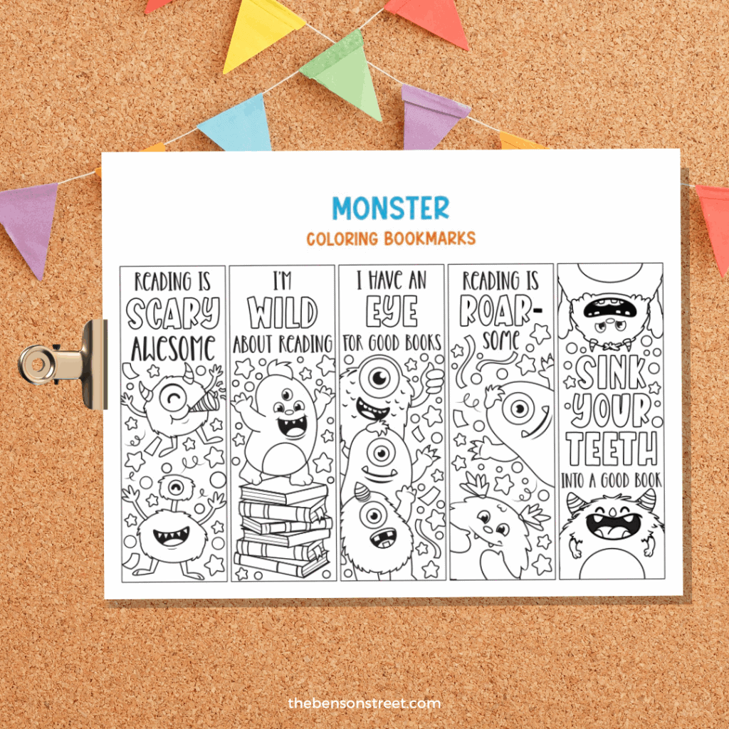 Free to print and color Monster Coloring Bookmarks with a clip