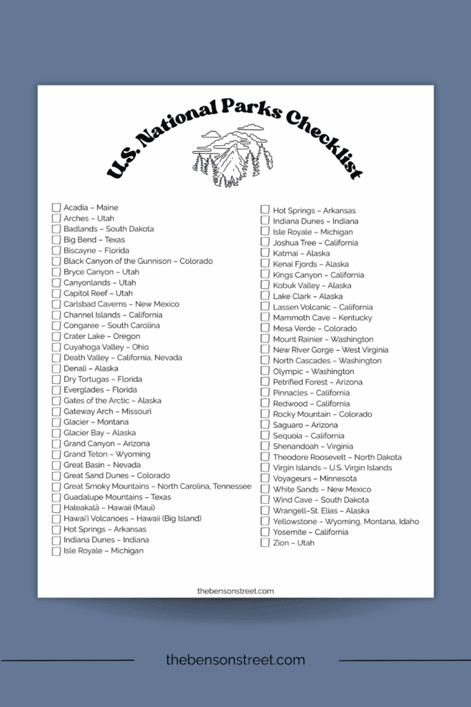 Free to print list of the U.S. National Parks