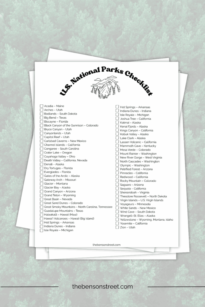 Get a free copy of this printable checklist U.S. National Parks Checklist