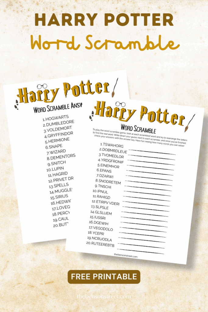 Harry Potter Word Scramble Game with Answer Key Free Printable