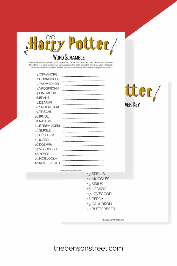 Harry Potter word scramble free printable with answer key