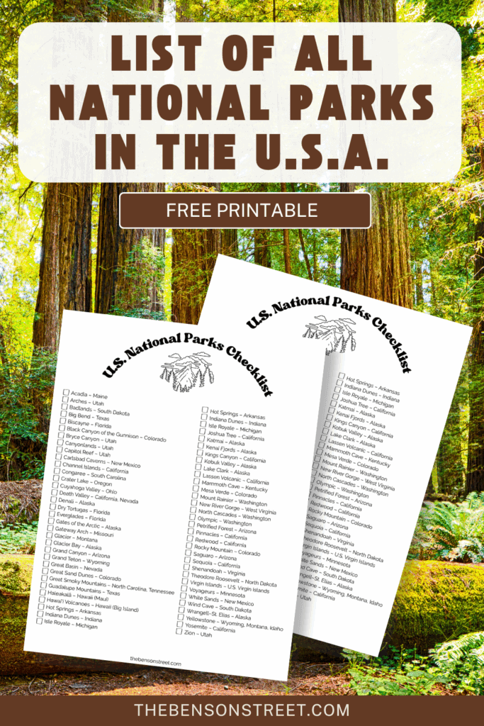 List of All National Parks in the U.S.A. free printable