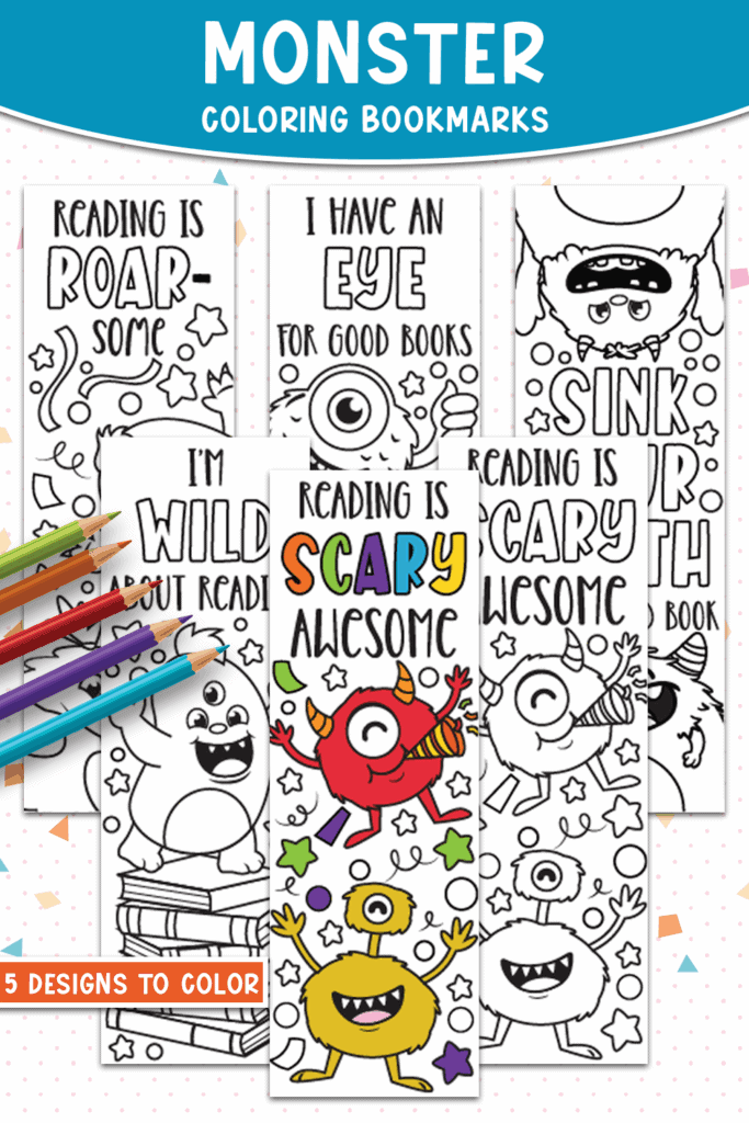 Flat lay of monster coloring bookmarks with colored pencils on top
