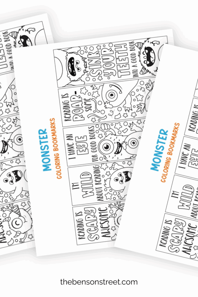 Monster Coloring Bookmarks sheets fanned out after printing