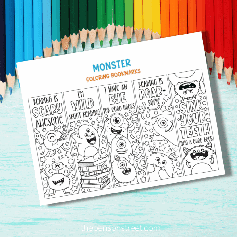 Monster coloring bookmarks with colored pencils in the background