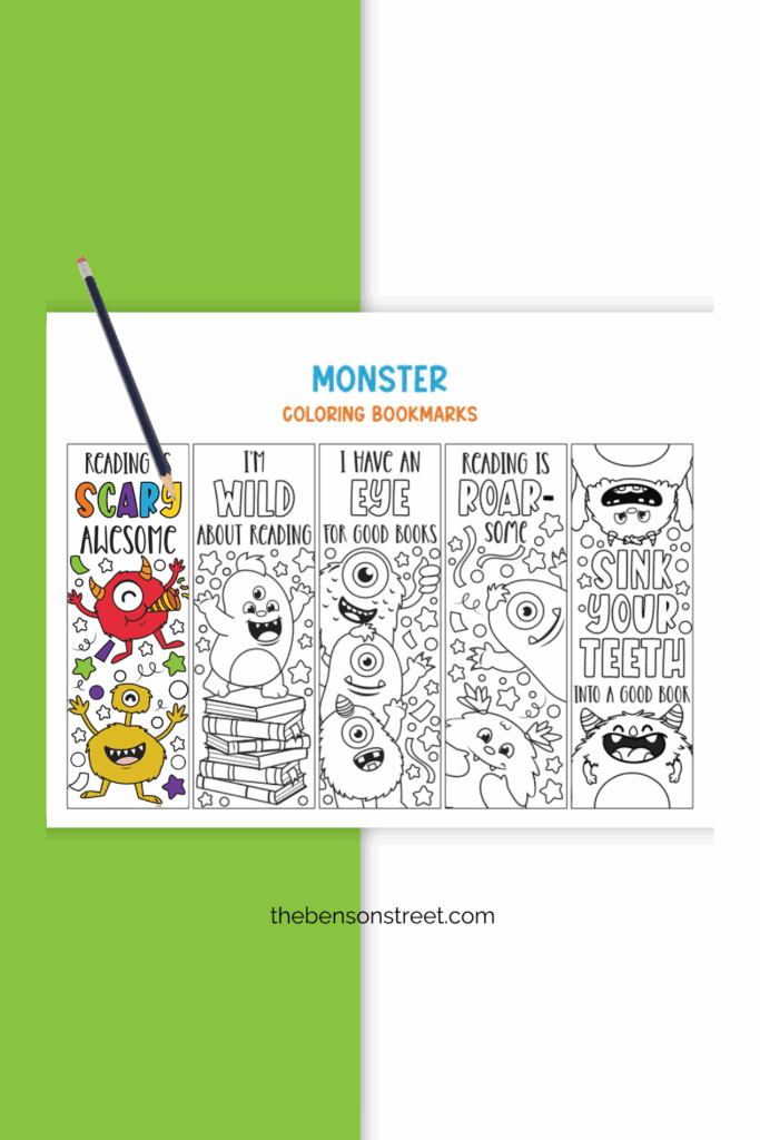 Page of monster bookmarks in black and white with one colored in and a pencil on top