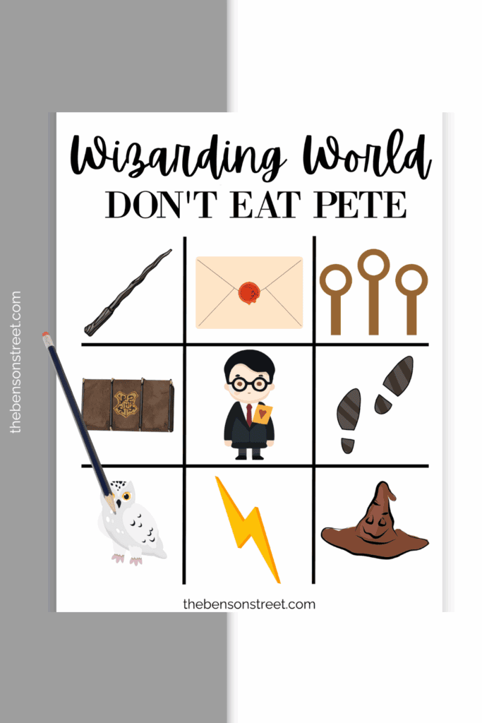 Printable game board for Don't Eat Pete with Harry Potter Themed with a pencil on top