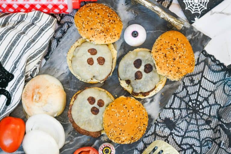 Quick halloween dinner ideas using hamburger patties, buns, and cheese