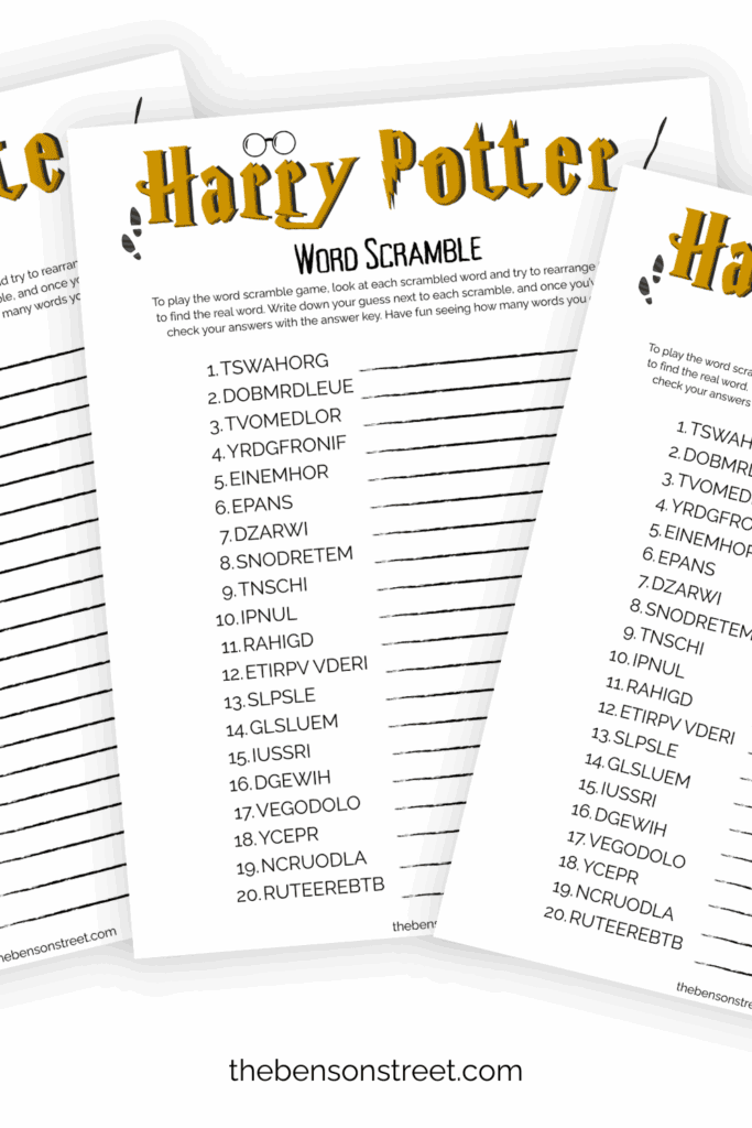 Three pages of printed out harry potter word scrambles in a fan