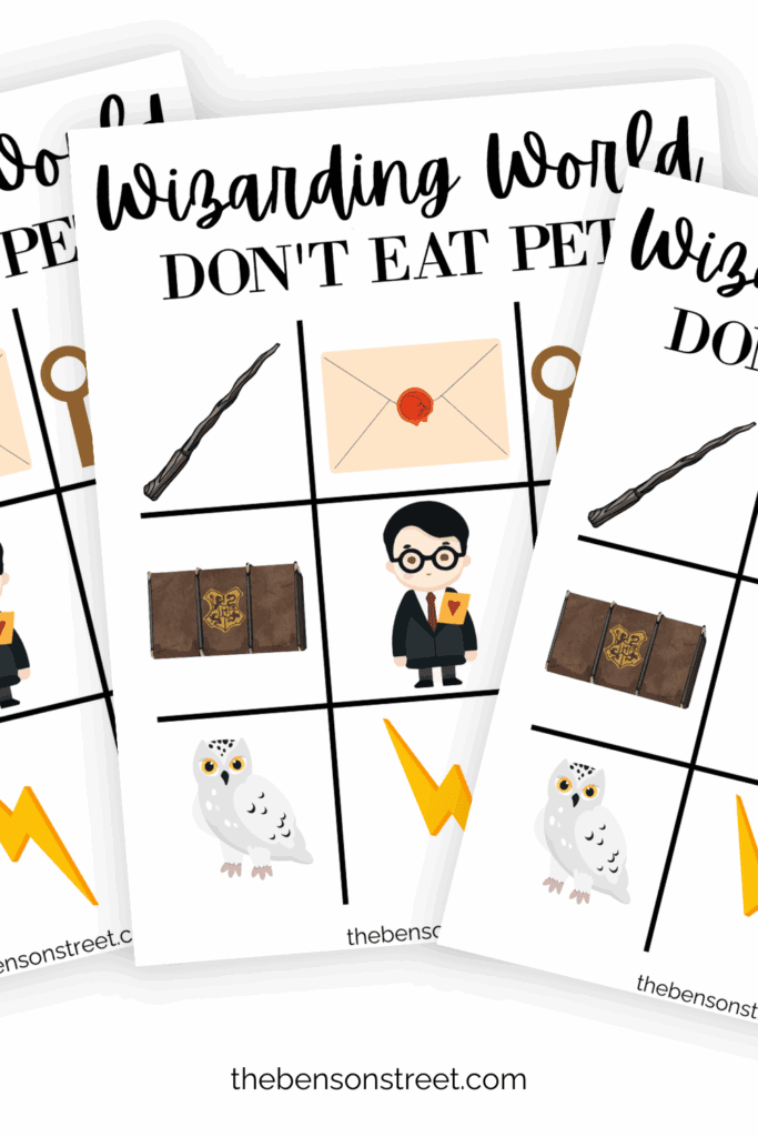 Three printed out harry potter don't eat pete games in a fanned out pile