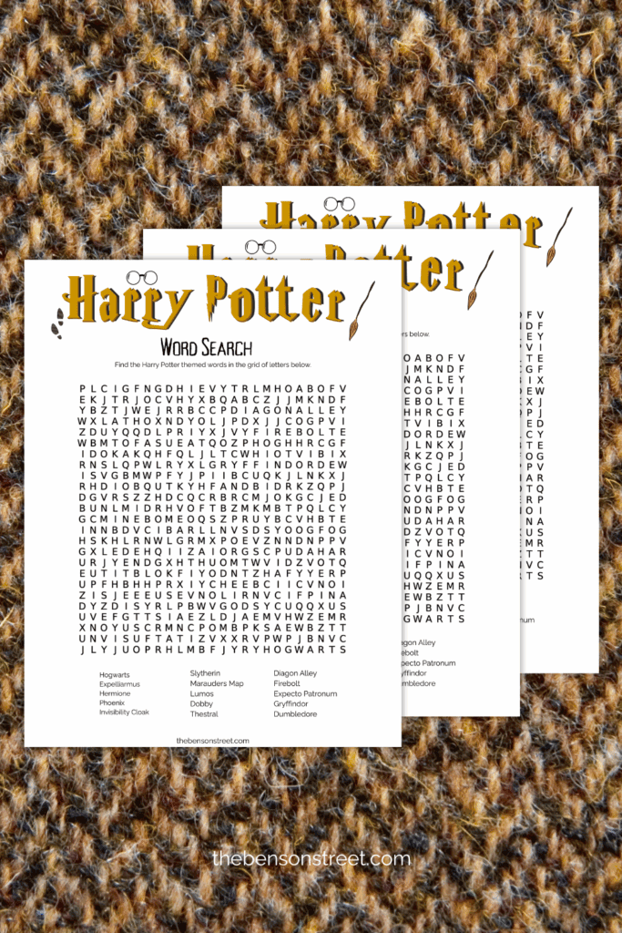 Three printed out harry potter word search pages ready to find wizarding words