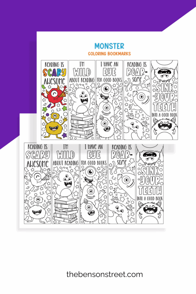 Two sheets of monster coloring bookmarks with one colored in
