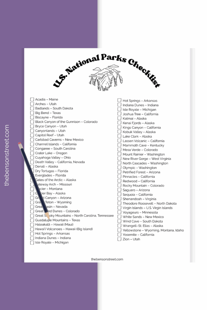 U.S. National Parks Checklist digital download free to print with a pencil to check off as you visit