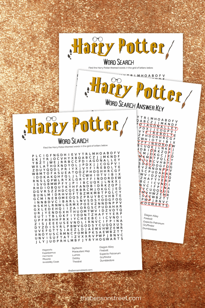 Word search with answer key and Harry Potter theme